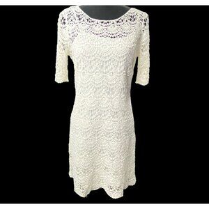 RALPH LAUREN Women Crochet Lace Eyelet Dress Short Sleeves Sz M White Chic 80-26